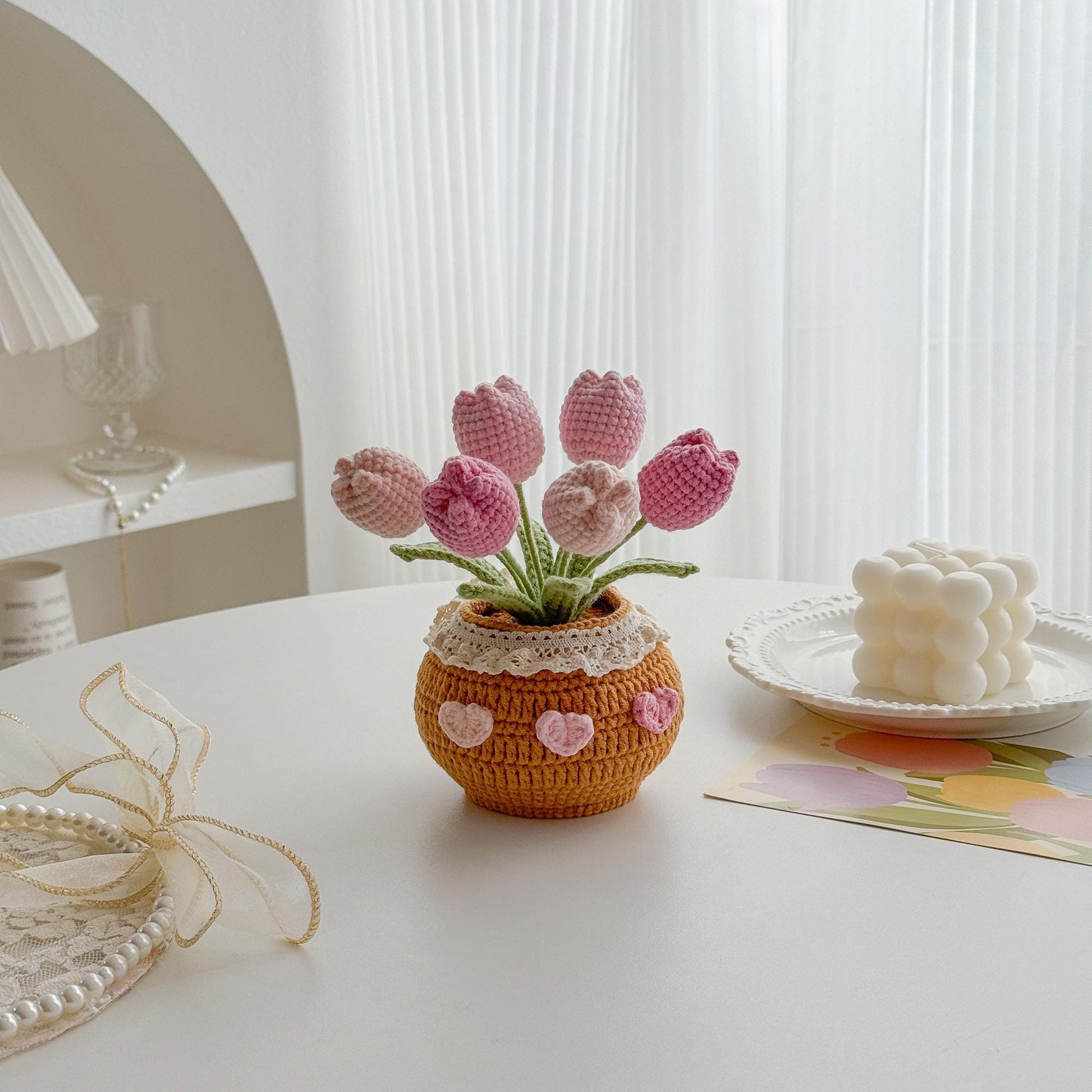 Crochet Tulip in Pot: Handmade Desk Decor with Positive Affirmation