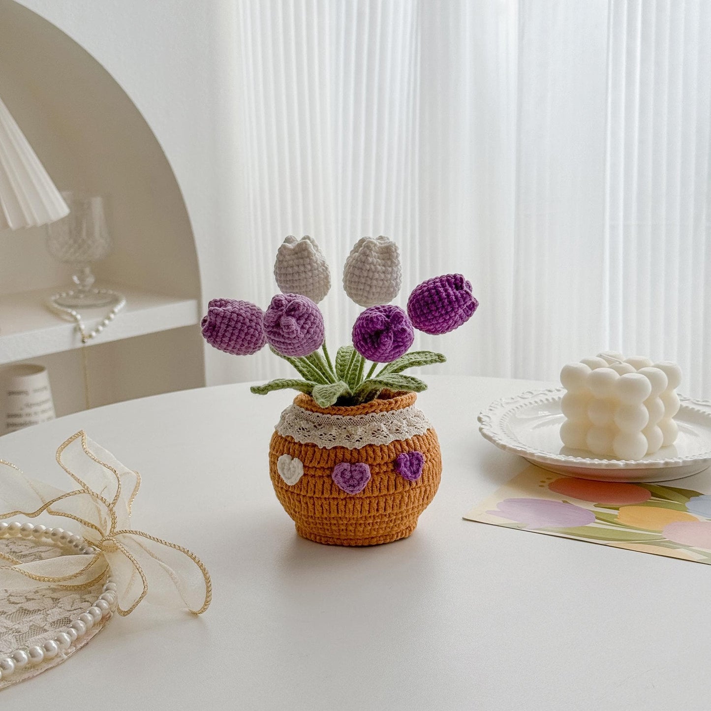Crochet Tulip in Pot: Handmade Desk Decor with Positive Affirmation