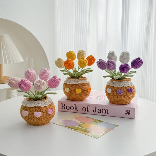 Crochet Tulip in Pot: Handmade Desk Decor with Positive Affirmation
