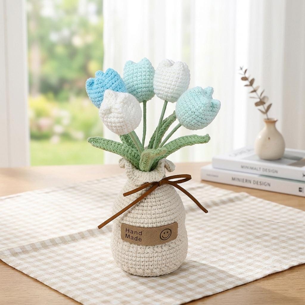 Crochet Tulip Flowers in Pot,Knit Plantin Pot,Home,Room,Office Decoration,Mini Pot,Birthday,Anniversary,Mother's Day Gifts
