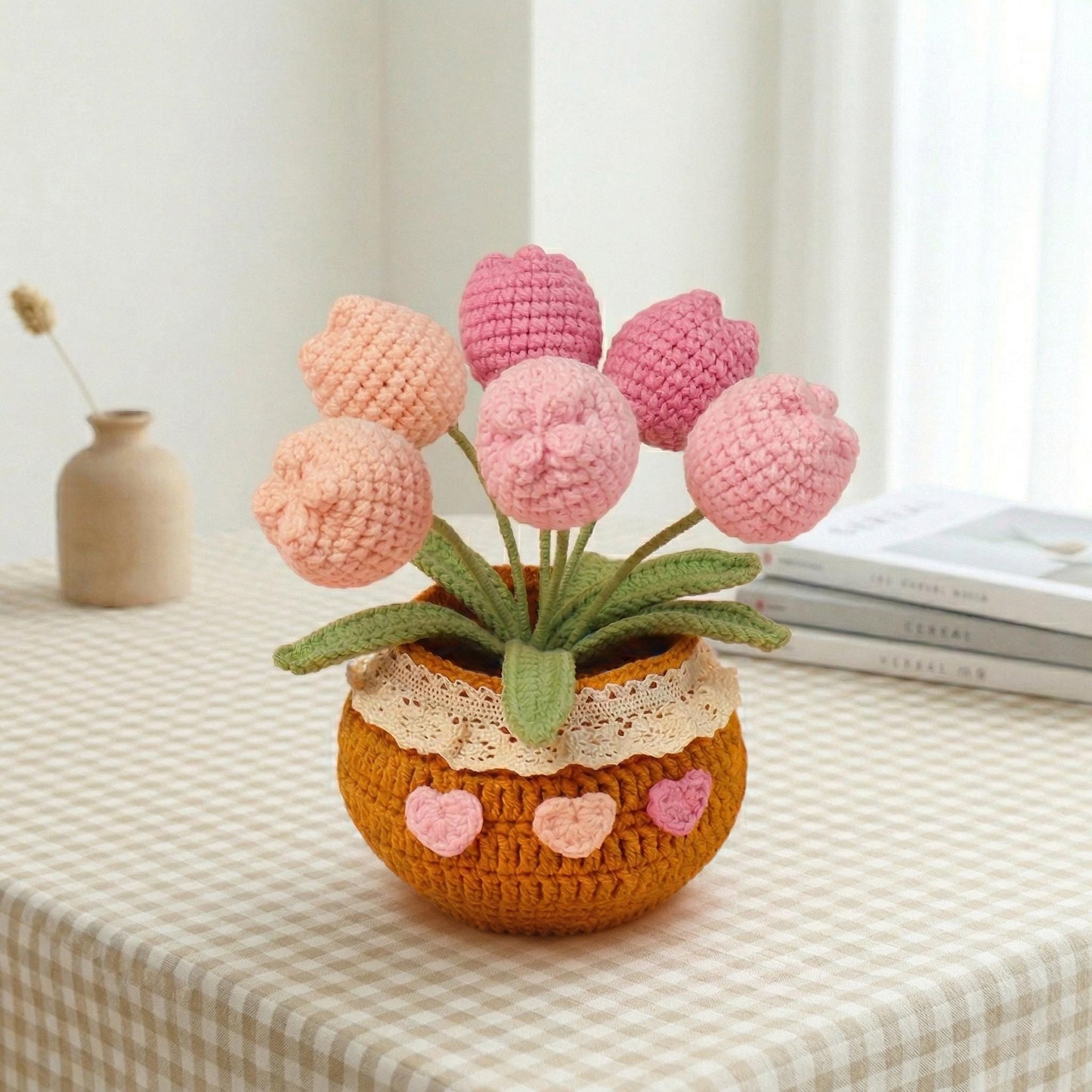 Crochet Tulip Flowers in Pot,Knit Plantin Pot,Home,Room,Office Decoration,Mini Pot,Birthday,Anniversary,Mother's Day Gifts