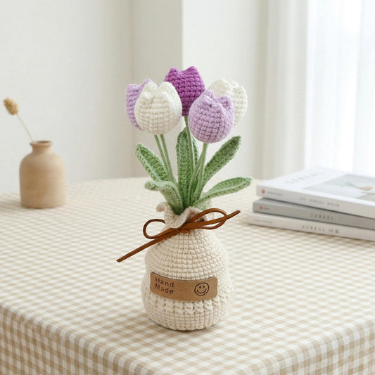Crochet Tulip Flowers in Pot,Knit Plantin Pot,Home,Room,Office Decoration,Mini Pot,Birthday,Anniversary,Mother's Day Gifts