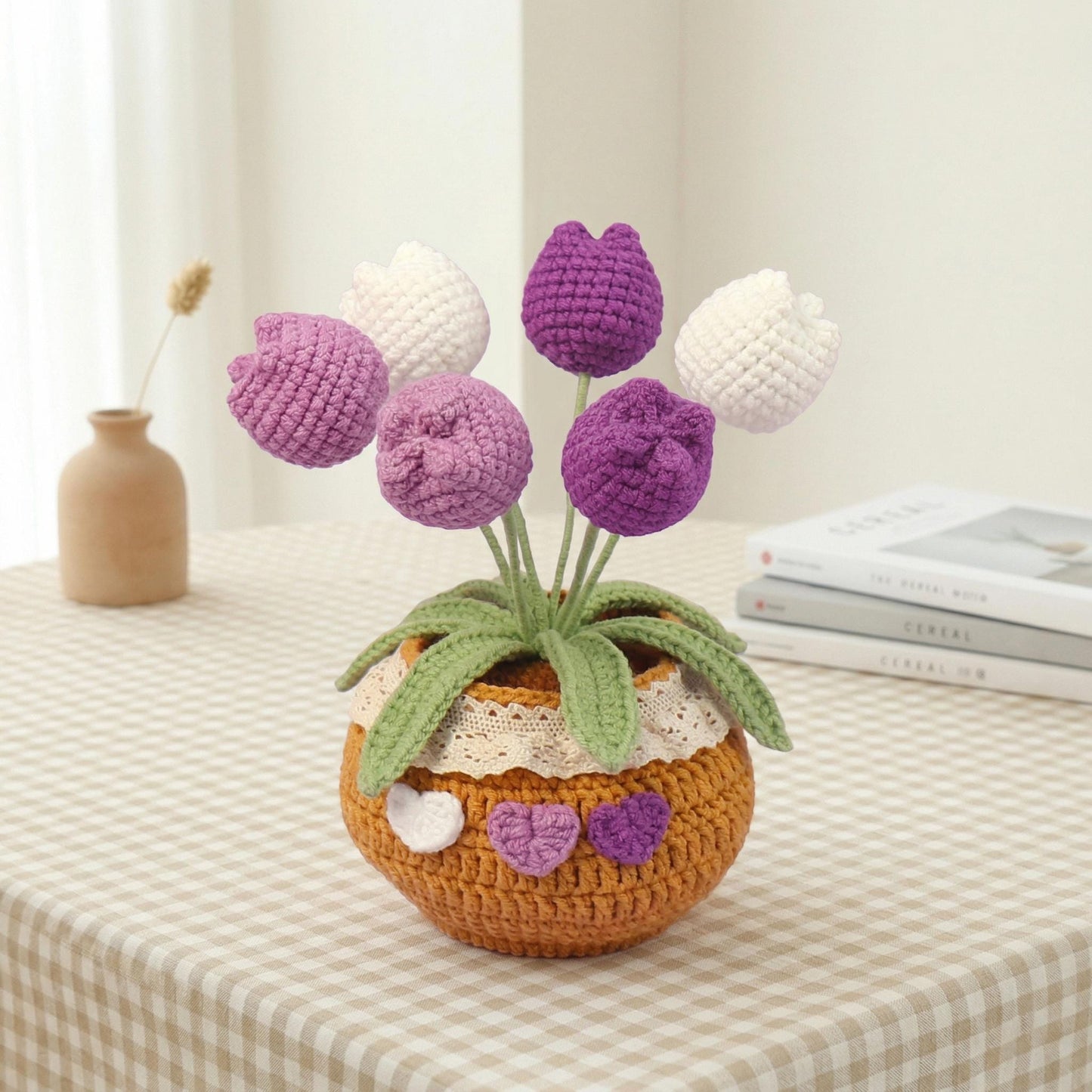 Crochet Tulip Flowers in Pot,Knit Plantin Pot,Home,Room,Office Decoration,Mini Pot,Birthday,Anniversary,Mother's Day Gifts